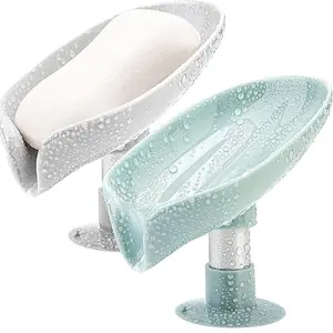 2 Pack Soap Holder Leaf-Shape Self Draining Soap Dish Holder, Not Punched Easy Clean Bar Soap Holder, with Suction Cup Soap Dish Suitable for Shower, Bathroom, Kitchen Sink (Grey + Green)