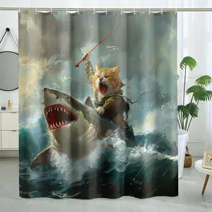 A fun ocean adventure series shower curtain featuring sharks and cats, perfect for bathroom decor, partitions, and beautifying spaces. Made of durable polyester, easy to clean, available in multiple sizes, includes shower curtain hooks.