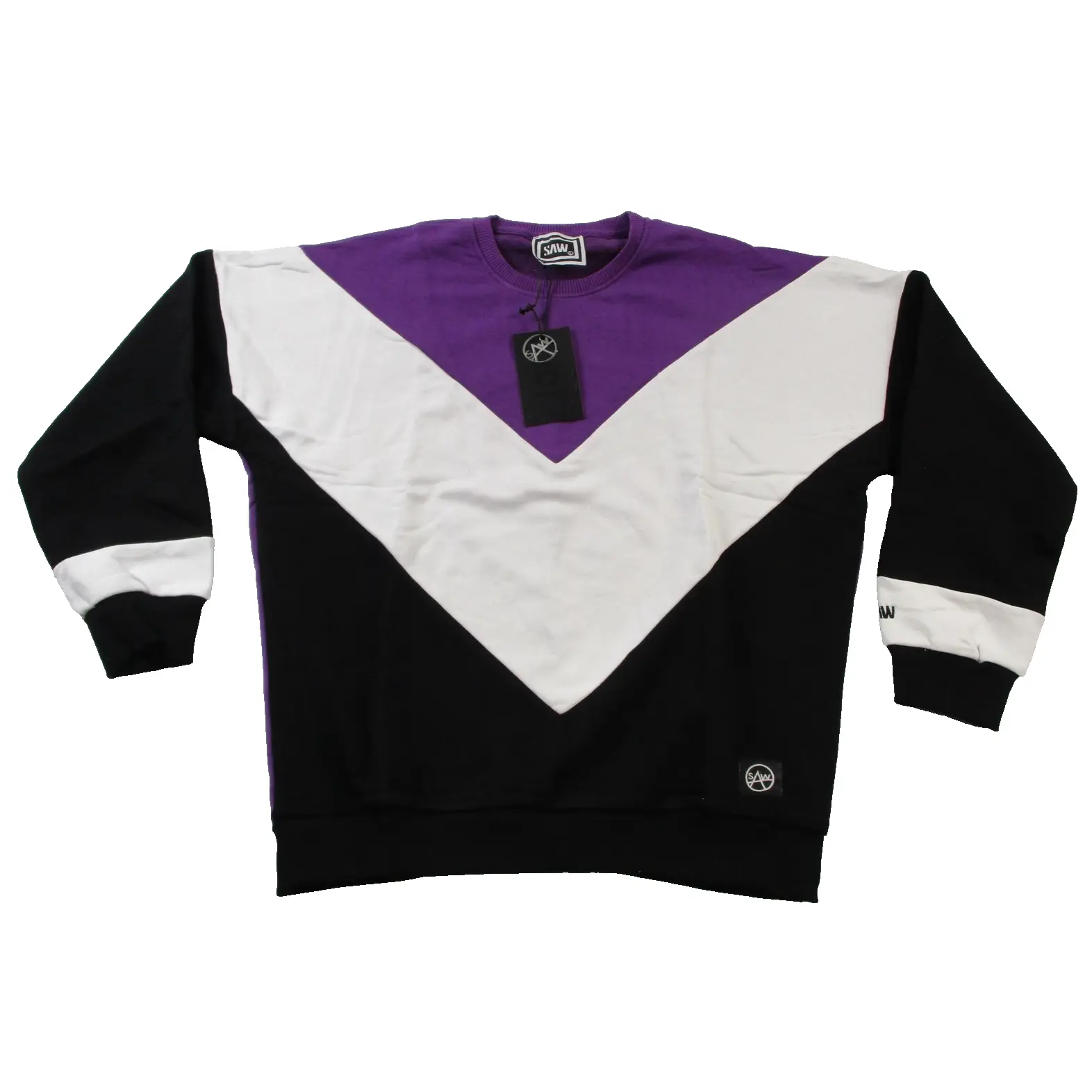 SAW Sweatshirt Mens Large Purple Black White Pullover Fleece Colorblock Crewneck New With Tags