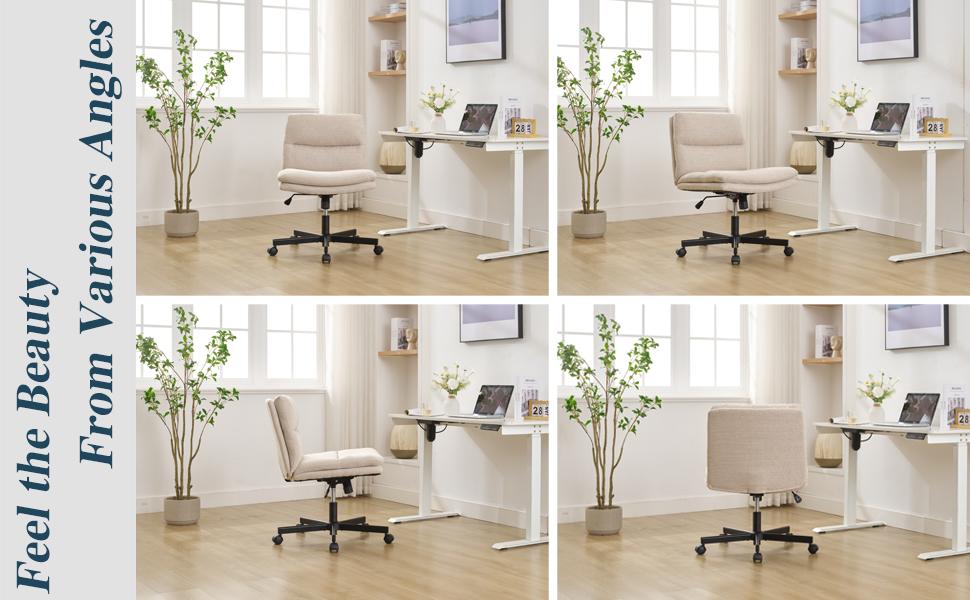 Okeysen Armless Criss Cross Desk Chair with Wheels - Wide Seat, Height-Adjustable, 360-Degree Swivel, Comfy Cross-Legged Task Chair for Home Office, Vanity, Beige