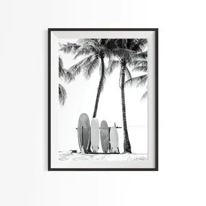 Black and white Surfboards print, surf beach photography, palm tree surf board , tropical coast print, Frameless Poster 9