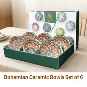 Vintage Boho Ceramic Bowls Set, Hand-Painted Pattern Rice Soup and Cereal Bowls, Stylish Kitchen Dinnerware for Daily Dining and Gifts