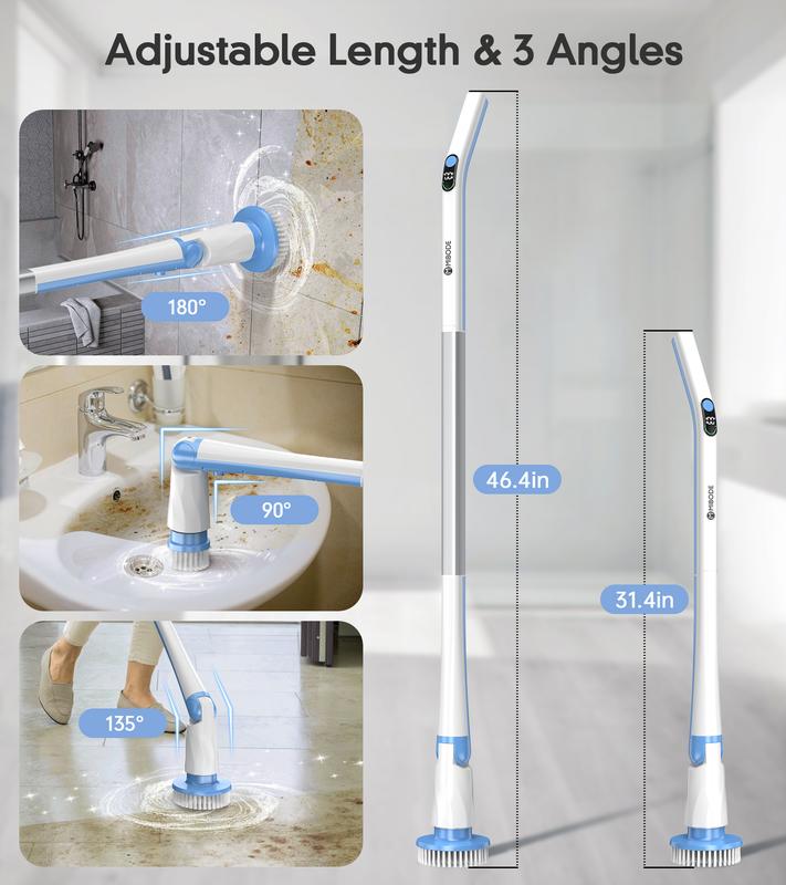 Electric Spin Scrubber with Display, IPX7 Waterproof Powerful Shower Scrubber, 2H Runtime, 2 Speeds, Adjustable Handle, 5 Brush Heads, Cleaning Brushes for Household Use Bathtub Tile Car