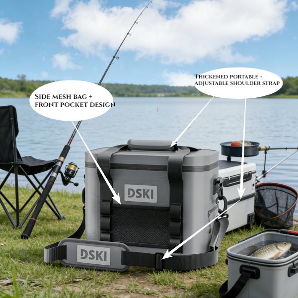 New outdoor cooler bag, lunch bag - grey/green, with insulation and refrigeration protection,large capacity of 30 cans/15 bottles, thick handle and adjustable shoulder strap,for party, camping, fishing, long-distance truck driver commuting, takeout etc.