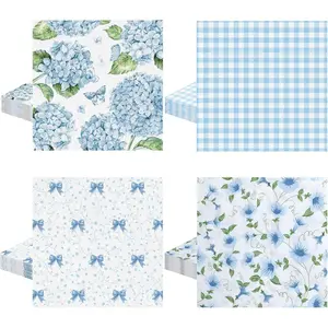 80Pcs 6.5 Inch 2 Ply Blue Floral Hydrangea Vintage Decorative Flower Napkins for Decoupage Tea Party Birthday Baby Shower Wedding