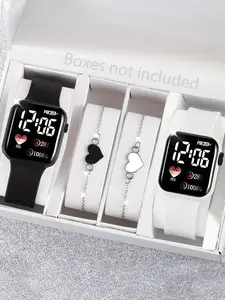 4PCS Couple Watch Set, Black and White Dual-color Silicone LED Electronic Watch with Heart-shaped Bracelet Set, Featuring Heart-shaped Illuminated Pattern Design, Unisex Gift for Men and Women, Silicone Strap, Perfect Fashion Birthday Gift for Your Lover