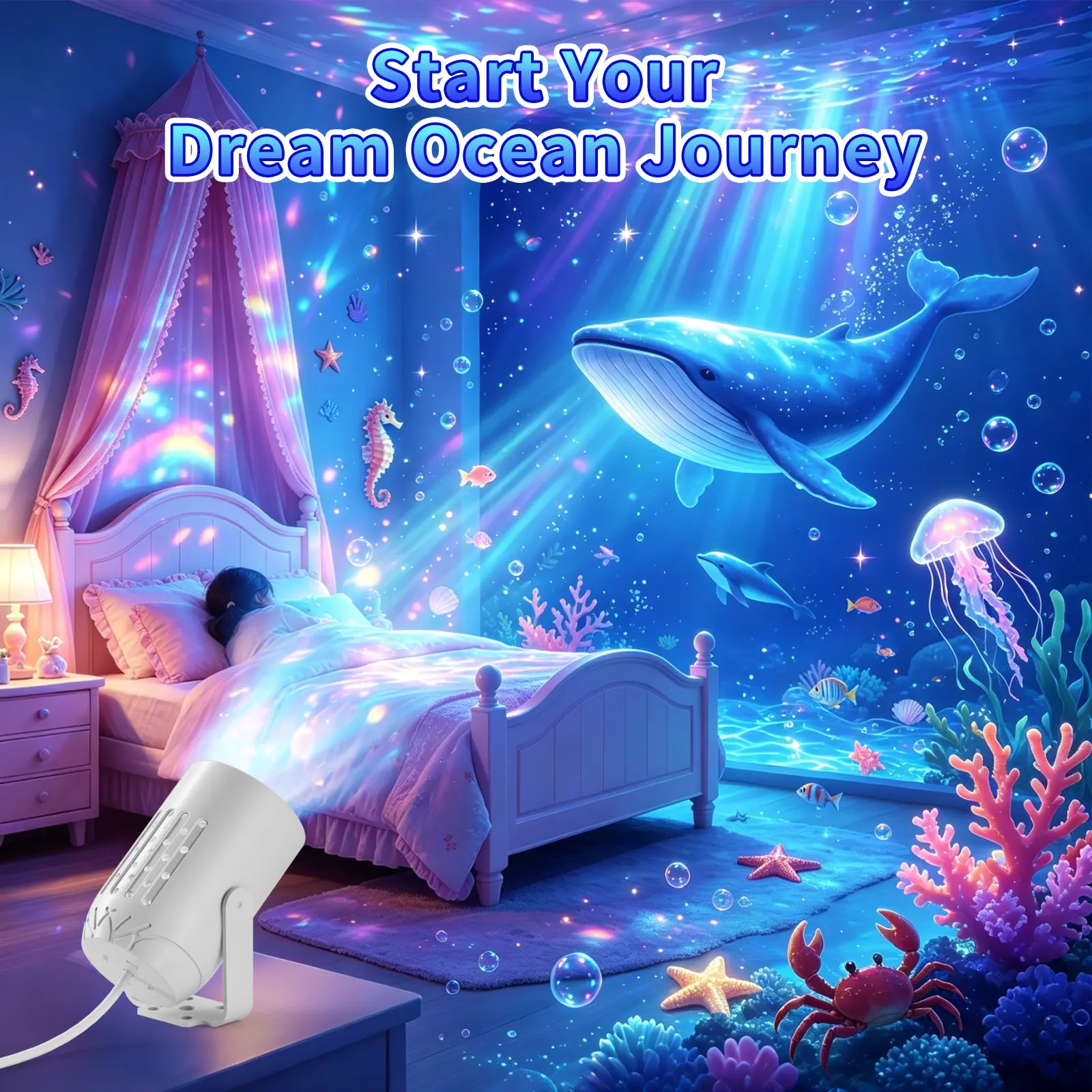 Ocean Theme Bedroom Projector - Jellyfish, Whale Motif Indoor Mood Light for Kids' Room Dream Ocean Journey Decor, Projector For Bedroom