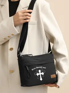 Crossbody Bag with Cross Print, Adjustable Strap Shoulder Bag, Unisex Casual Style, Ideal for Outdoor Leisure or Daily Commute