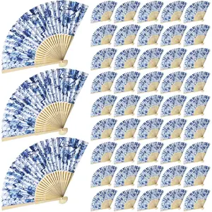 24 count Chinoiserie Printed Hand Fan Summer Retro Paper Fans Blue and White Porcelain Folding Fans for Dancing, Party, Wedding Gifts,  Decorations