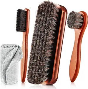 4 Pcs Horsehair Shoe Brush Kit Polishing Daubers Applicators Leather Care Brushes Shine Cleaning Cloth with Cloth(Shoe Brush Set D)