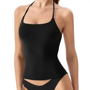 QINSEN Self Tie Halter Neck Basic Shirts for Womens Double Lined Slimming Fit Going Out Sleeveless Tops