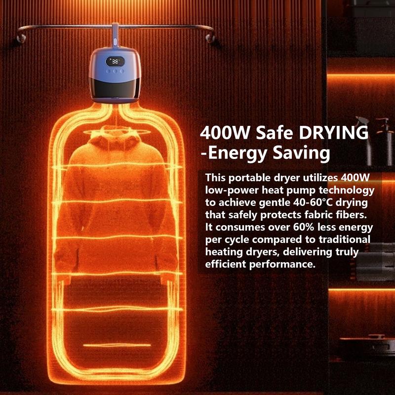 Portable Dryer Mini Dryer Features an adjustable timer and wrinkle-free heating function to quickly dry large quantities of clothes and shoes. Ideal for home, apartment, business trips, and travel use.