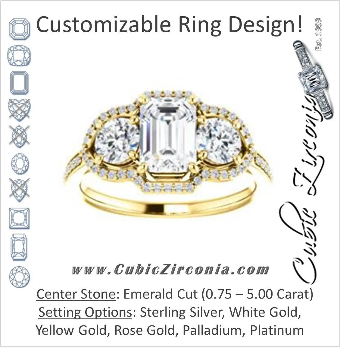Cubic Zirconia Engagement Ring- The Lizabeth (Customizable Emerald Cut Enhanced 3-stone Style with Tri-Halos & Thin Pavé Band)