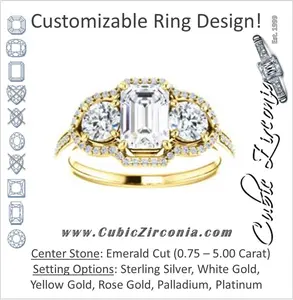 Cubic Zirconia Engagement Ring- The Lizabeth (Customizable Emerald Cut Enhanced 3-stone Style with Tri-Halos & Thin Pavé Band)