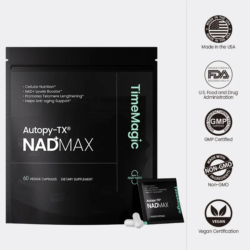 TimeMagic NAD+MAX 8-in-1 Longevity Dietary Supplement - Anti-Aging Support, Energy Booster, Metabolism Aid, Ca-AKG, Liposomal NR, Spermidine, PQQ, Vitamin D3, Black Seed Oil, Black Pepper - 30 Pack
