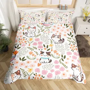 Boys Girls Kawaii Cats Bedding Set ,Cute Kitten Comforter Cover Cartoon Animal Duvet Cover Kids Colorful Flowers Plants Teens Bedspread Cover Bedclothes Zipper(No Comforter)