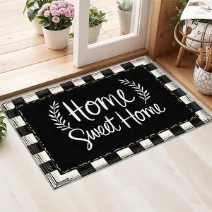 1PC Black and White Checkered with "Home Sweet Home" Patterned Front Door Mat, Comfortable Welcome Mat, Outdoor Indoor Entrance Door Mat, Bedside Rug, Bathroom Mat, Small Floor Mat, Suitable for Spring Summer, Autumn and Winter Seasons, Decorative Rug Mat