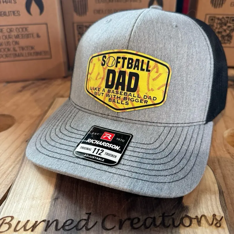 Softball Patch Hats for Mamas and Dads with Softball Printed Leatherette Patch, Dark Color, Adjustable Fit, Fun Baseball Theme Design