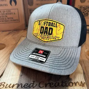 Softball Patch Hats for Mamas and Dads with Softball Printed Leatherette Patch, Dark Color, Adjustable Fit, Fun Baseball Theme Design