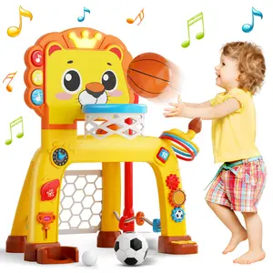 4-in-1 Toddler Basketball Hoop & Soccer Goal and Golf Toys, Interactive Lion Musical Sports Toys with Light for 1 2 3 Year Old Boys Girls, Baby Toy for 12-18 Months, Christmas Birthday Toy Gifts