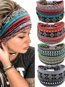 Boho Chic Wide Headbands for Women, 4pcs Sweat-Wicking, Lightweight Yoga & Sports Hair Bands, Vintage Print Design, Zig Zag Headbands