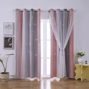 Ombre Blackout Curtains for Kid Girls Bedroom Living Room Darking Stripe Layer Star Cut Out Wall Home Gradient Grommet Window Curtains (Pink Grey 52W x 84L