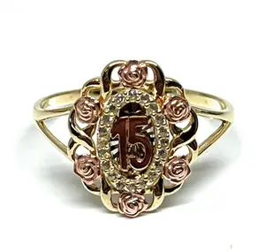 10k Solid Gold Yellow & Rose Gold FLOWER CZ Mis 15 Años Ring (FC 250)