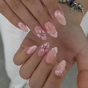 24pcs Spring Sakura Nail Polish Set, Nail Art, Manicure, Base Color with 3D Cherry Blossom Elements, Glossy Finish, Perfect for Dating and Commuting