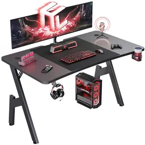 Gaming Desk with LED Lights, Home Office Gamer Desk, Ergonomic Computer Table with Large Carbon Fiber Desktop, Office Workstation, Cup Holder & Headphone Hook