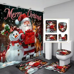 Christmas Bathroom Set with Santa Snowman Reindeer Print, Shower Curtain Sets Toilet Seat Cover Bath Mat U-Shaped Pad, Home Decor Gift
