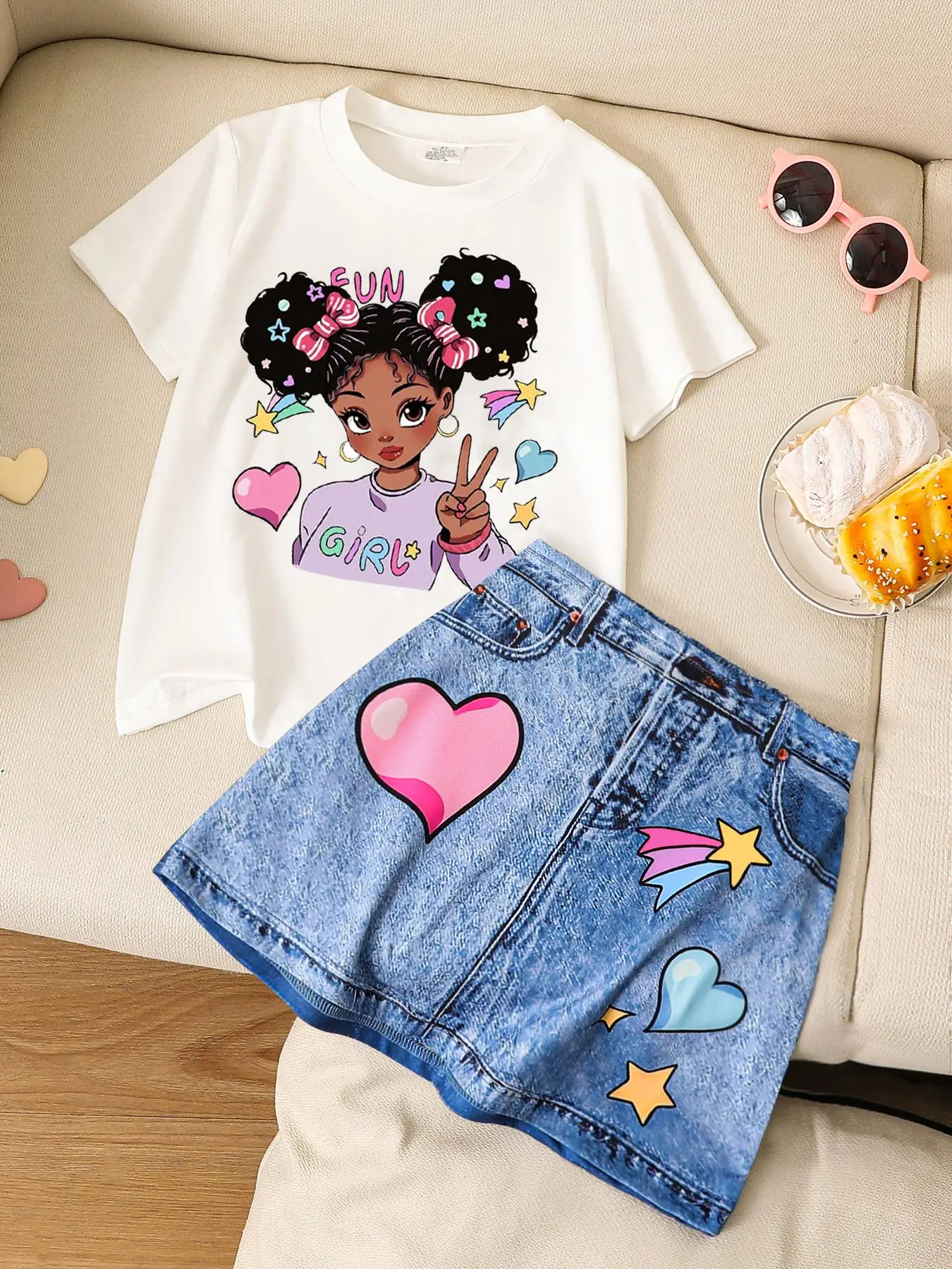 Two-Piece Set Girl's Cartoon Figure Heart Print Tee & Denim-Effect Print Skirt Set, Casual Short Sleeve T-Shirt & Elastic Waist Skirt, Kids Summer Clo