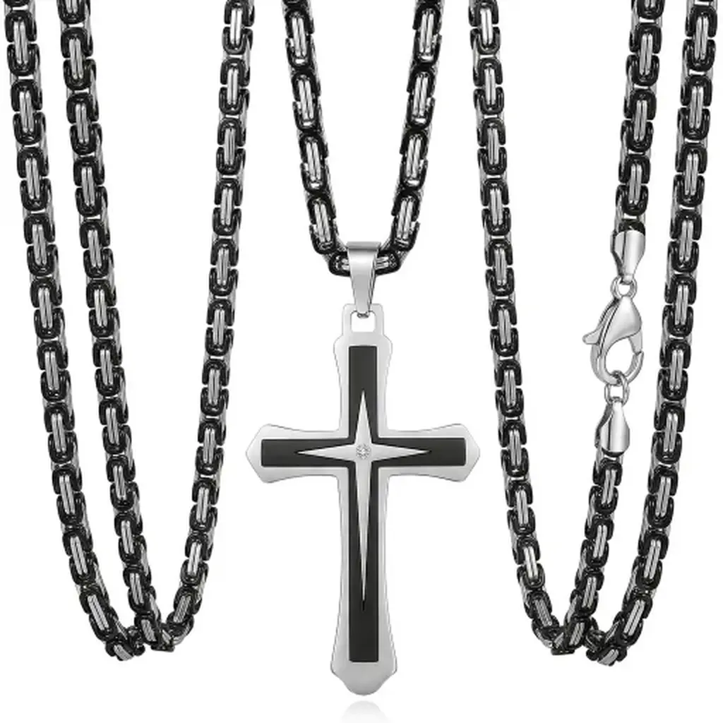 Double Layer Cross Necklace for Men, Stainless Steel Two Tone Chain with Cross Pendant, Black & Gold Plated Religious Necklace, Hip Hop Streetwear Jewelry, Vintage Christian Faith Jewelry Gift for Men