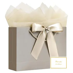 Gift Bags, Medium/Large Gift Bags, 1Pcs Paper Gift Bag with 2 Tissue Paper and 1 Greeting Cards, Present Bags with Handles for Birthday/Valentines/Wedding/Party/Anniversary (Pink-Black/White-Black/Champagne/Silver)