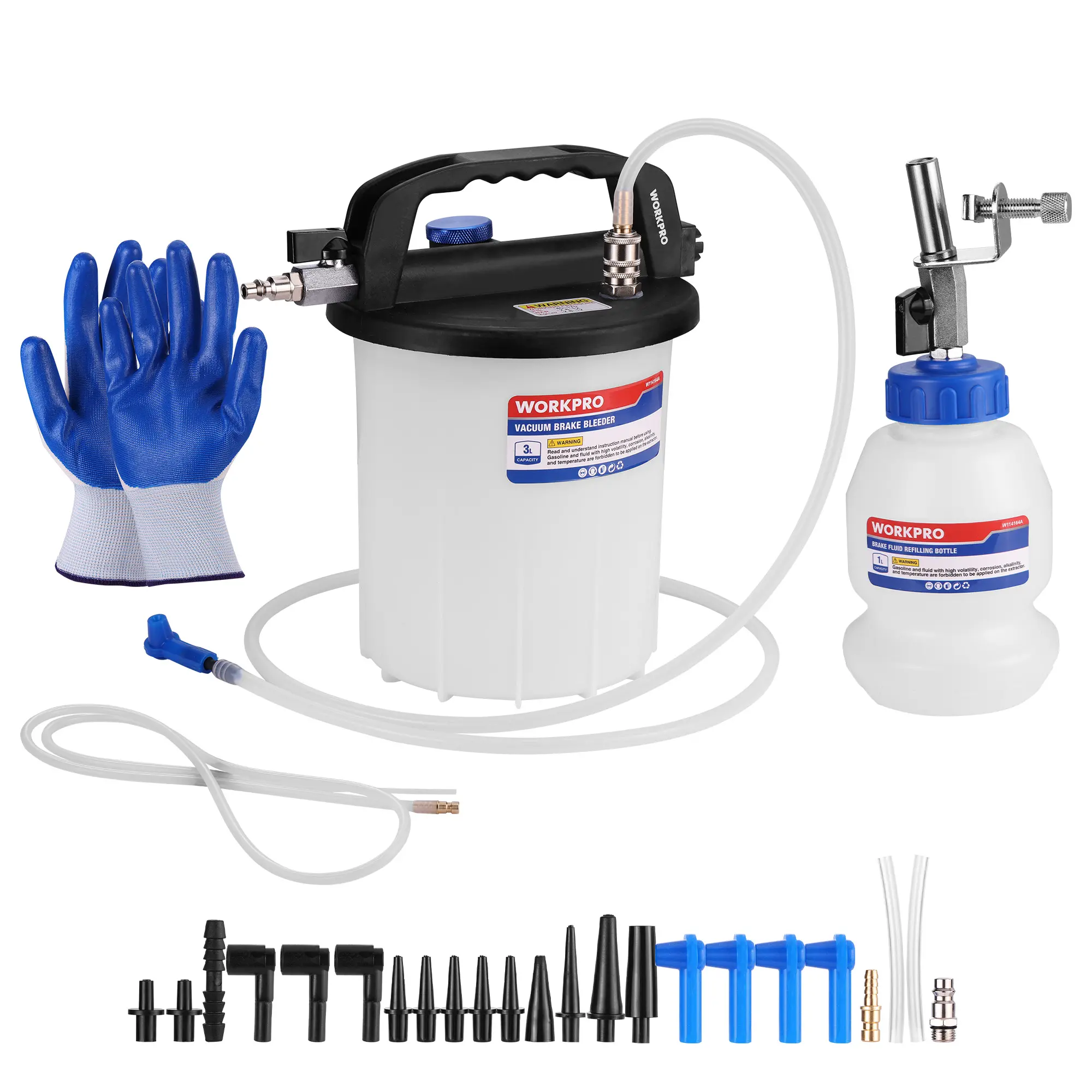 #fathersdaygift WORKPRO 3L Vacuum Brake Bleeder Kit, Pneumatic Brake Bleeder for One Person, with 1L Brake Fluid Refill Bottle, 22 Adapters, Air Coupler & Gloves, Brake Bleeding Tool for Various Vehicles, Motorcycles