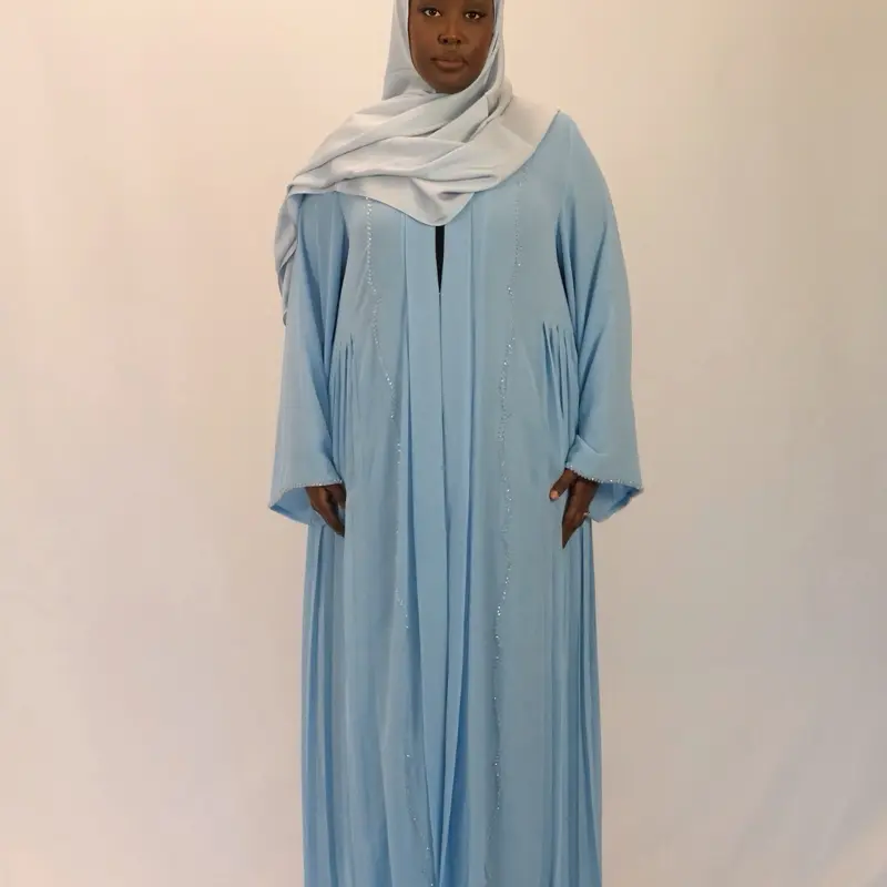 Women's Ruqqaya Pleated Button-Down Abaya 2-Piece Set with Matching Hijab, Dubai-Style Islamic Fashion