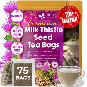 Premium 75 Milk Thistle Tea Bags, 100% Natural & Pure from Milk Thistle Seeds. Milk Thistle Seed Herbal Tea. Milk Thistle Seed Tea. Made with Natural Material Tea Bags. No Sugar, No Caffeine, No Gluten, Vegan. Beverage