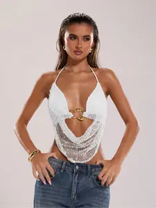 Sexy Halter Neck Tie Back Adjustable Crop Top, Slim-Fit Summer Casual Wear, Metal Ring Detail, Moderate Fabric Thickness, Perfect for Hot Weather