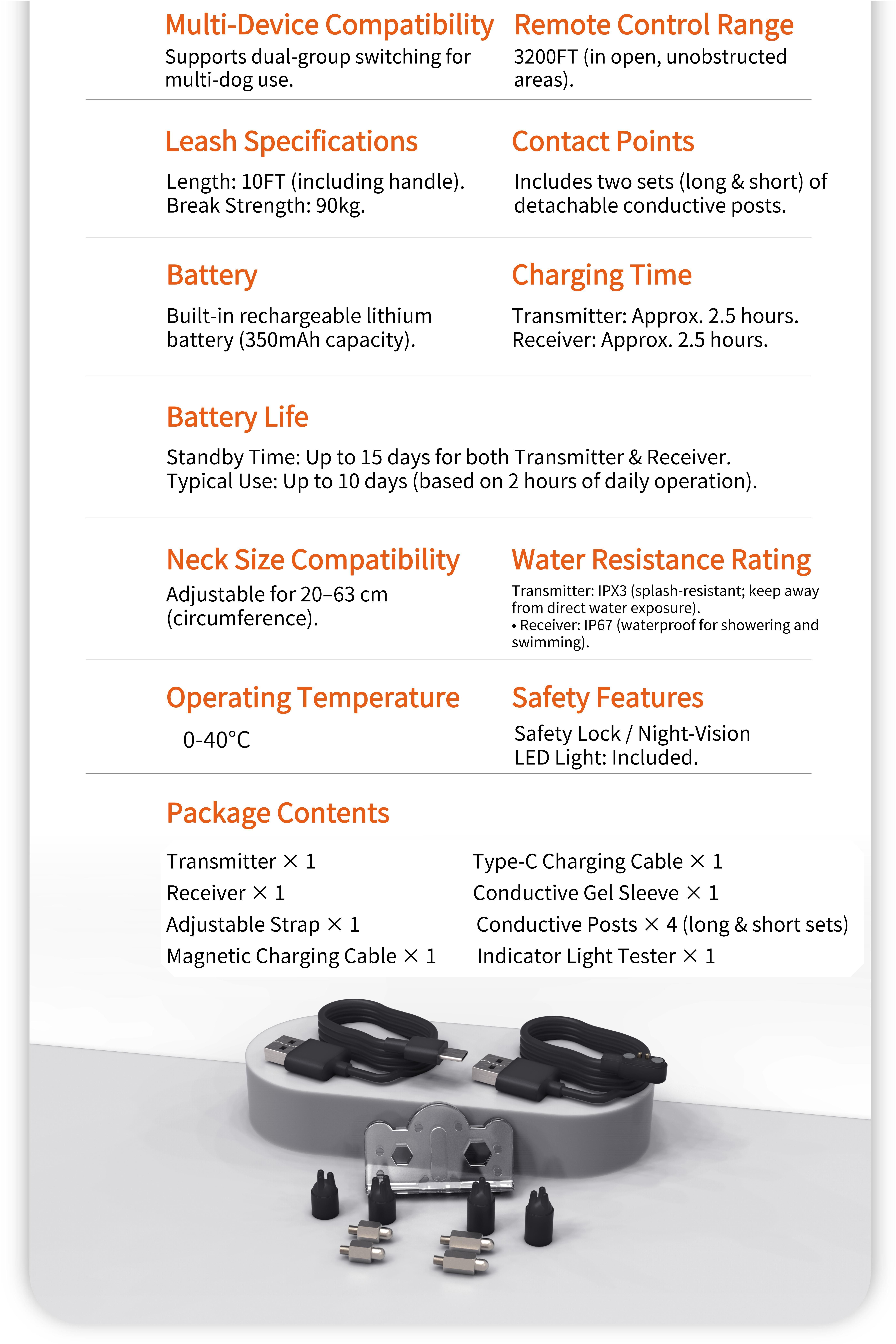 Dog Training Collar & Leash Set 3200ft Remote Control | IP67 Waterproof Built-in Light Magnetic Charging 30 Static 10 Vibration Modes for Dogs 10-120 lbs