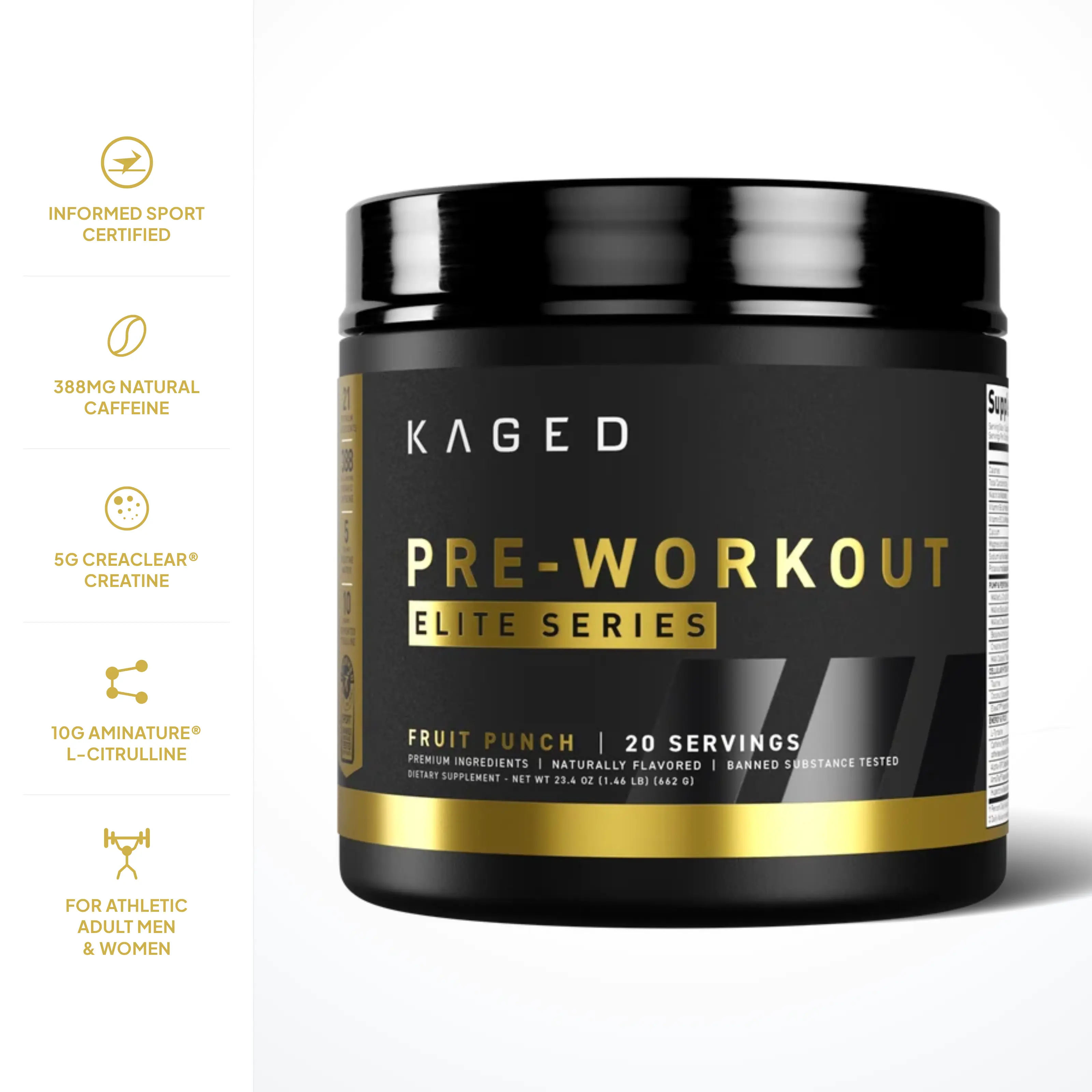 Kaged Pre-Workout Elite, 20 Servings | 388mg Natural Caffeine, 10g L-Citrulline, 5g CreaClear Creatine & 3.2g Beta-Alanine | 9 Patented Ingredients, Fully Dosed | Informed Sport Certified