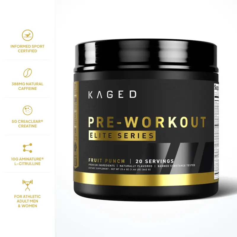 Kaged Pre-Workout Elite, 20 Servings | 388mg Natural Caffeine, 10g L-Citrulline, 5g CreaClear Creatine & 3.2g Beta-Alanine | 9 Patented Ingredients, Fully Dosed | Informed Sport Certified