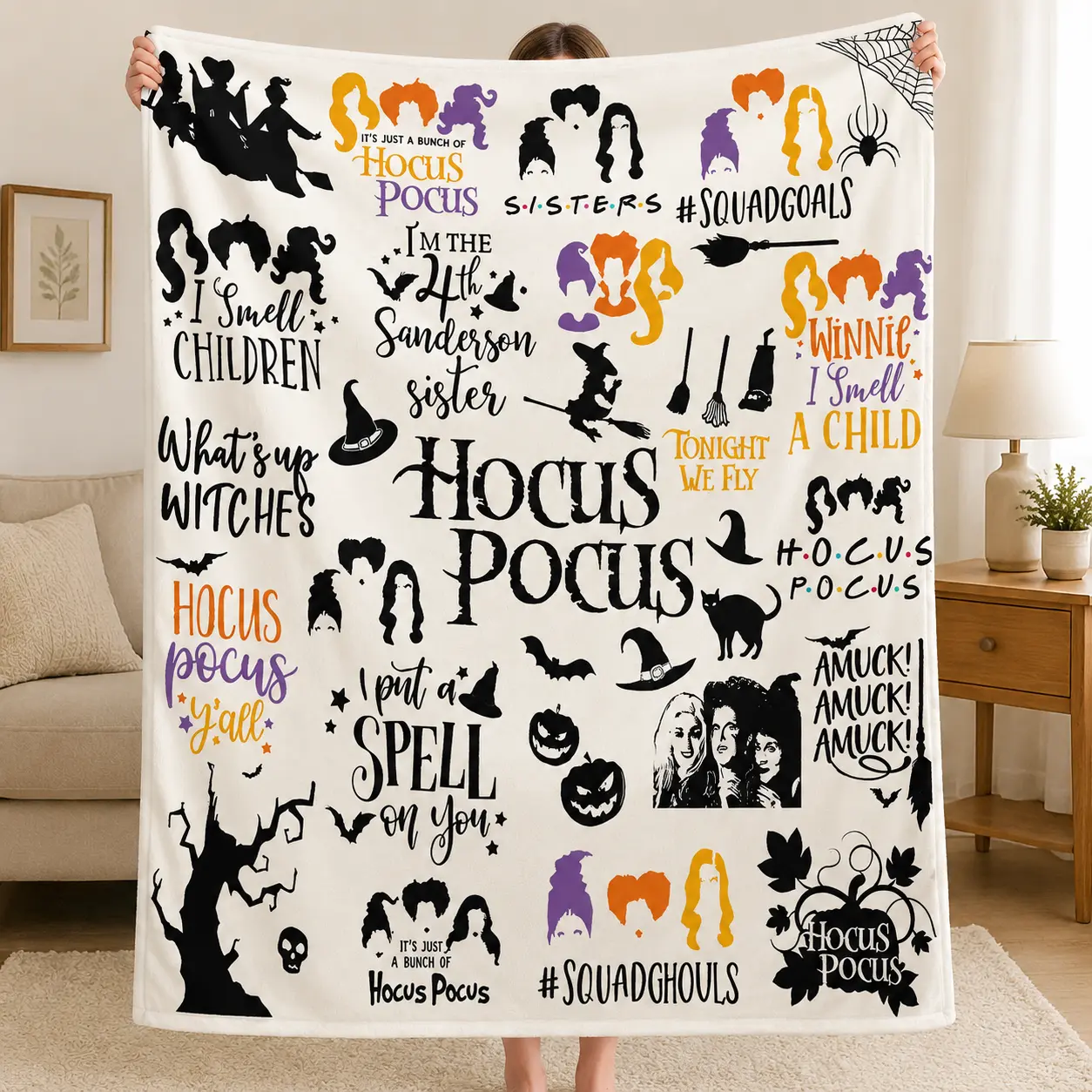 Hocus Pocus Halloween Fleece Flannel Patch Blanket - Retro Patchwork, Spooky Witch Magic Print, Soft Texture Home Decor, Suitable for Sofa, Bedspread, Unique Holiday Gift, Patch Blankets, Spooky Print Blankets