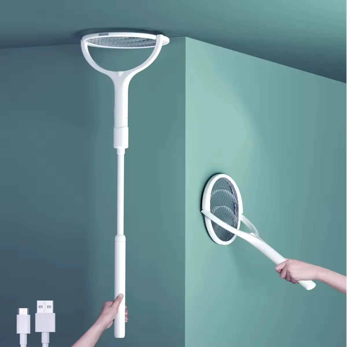 Rechargeable Rotating Head Electric Fly Swatter & Bug Zapper - Mosquito, Fruit Fly, Spider, Gnat, and Wasp Killer Racket for Indoor Use