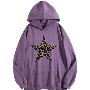 Wayii Fashion Women's Trendy Queen Leopard Print Star Print Acid Wash Hoodie Vintage Sweatshirt Oversized Loose Fit Winter Warm Streetwear Casual Tunic DF010