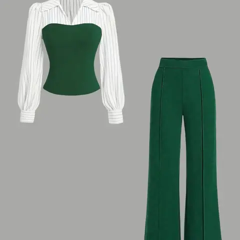 Women's Long Sleeve Colorblock Patchwork Shirt Set, Top, Slimming Waist Design, Straight Leg Pants, Casual Fashion, Chic, Style, 2 Piece Set, Womenswear, Two Pieces Sets