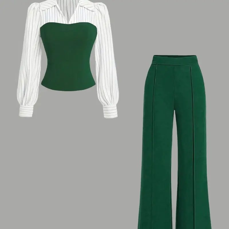 Women's Long Sleeve Colorblock Patchwork Shirt Set, Top, Slimming Waist Design, Straight Leg Pants, Casual Fashion, Chic, Style, 2 Piece Set, Womenswear, Two Pieces Sets