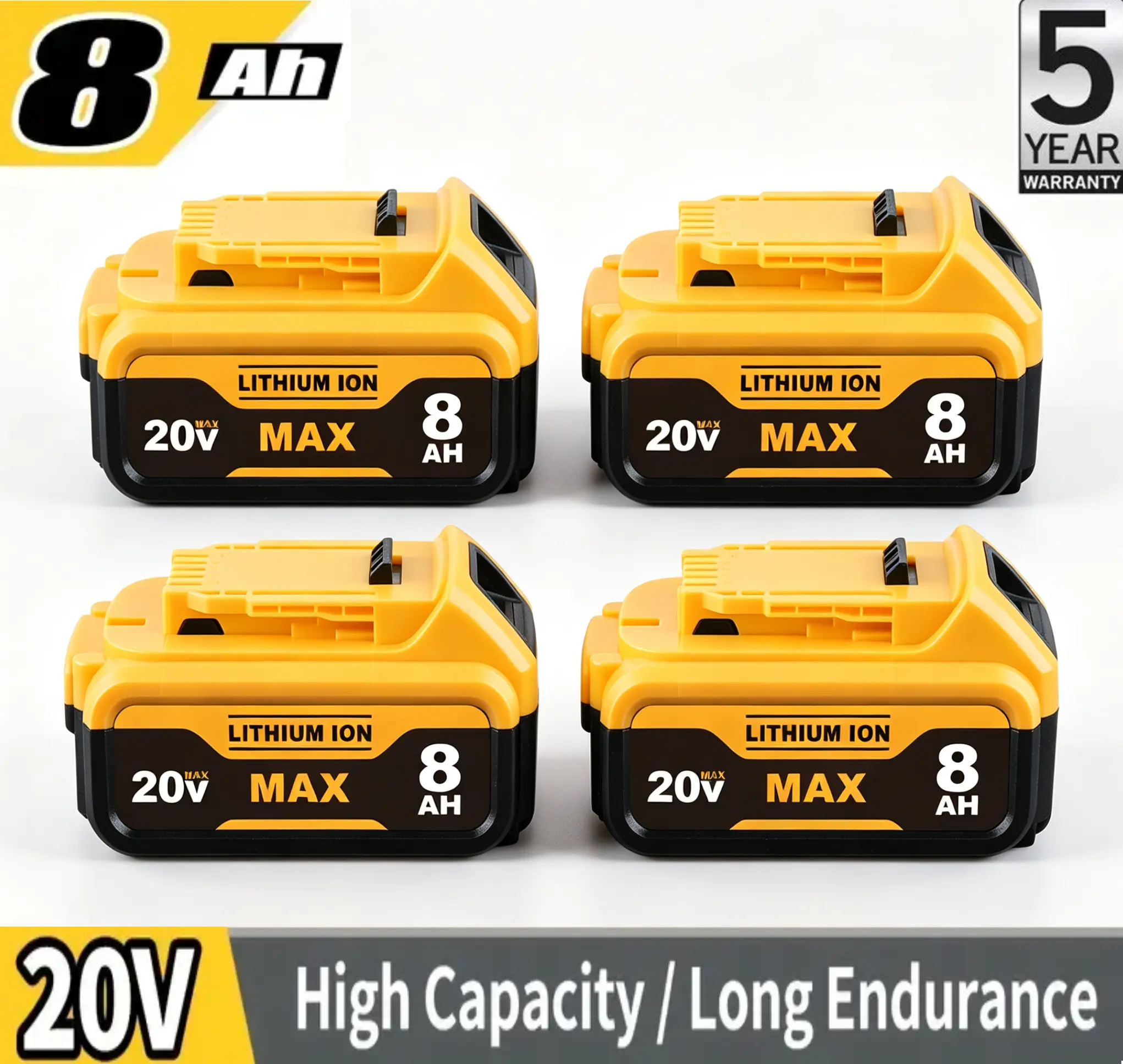 4-Pack 8000mAh Replacement for 20V MAX Battery Compatible with DCB200 DCB206 DCB207 DCB201 and Cordless Tools, High Capacity & Long-Lasting Power