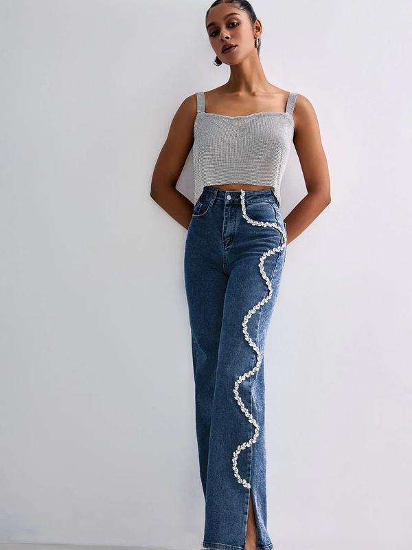 Women's Mid-waist Wide-leg Jeans With Heavy Craft Diamond-embellished Wavy Patterns, Featuring Classic Zipper And Button Fly With Functional Pockets, Split Hems, And A Drapey Straight Cut. Suitable For All Seasons And Various Occasions.