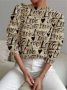 Women's Heart Letter Print Stand Collar Short Fitted Sweater, Fall Winter Casual Long Sleeve Knitwear, Comfortable Warm Everyday Wear