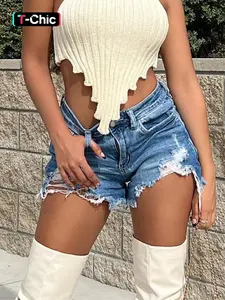 Women's High Waisted Medium Wash Denim Bootie Shorts, Extreme Distressed Ripped Frayed Hem, Buttery Lift Stretchy Fitted Slim Fits Bottom, Womenswear