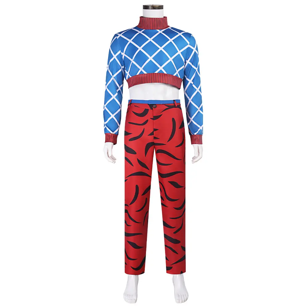 Guido Mista Blue White Grid Crop Top Red Leopard Print Pants Cosplay Costume Set with Hat Belt for Comic Con